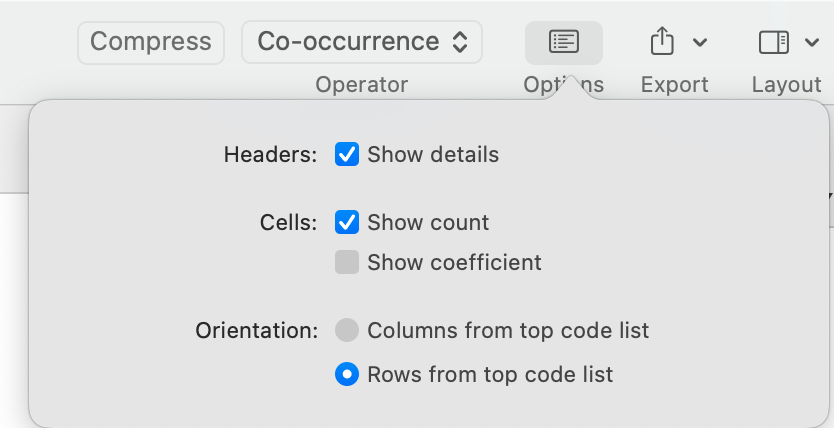 Code Co-occurrence Table options