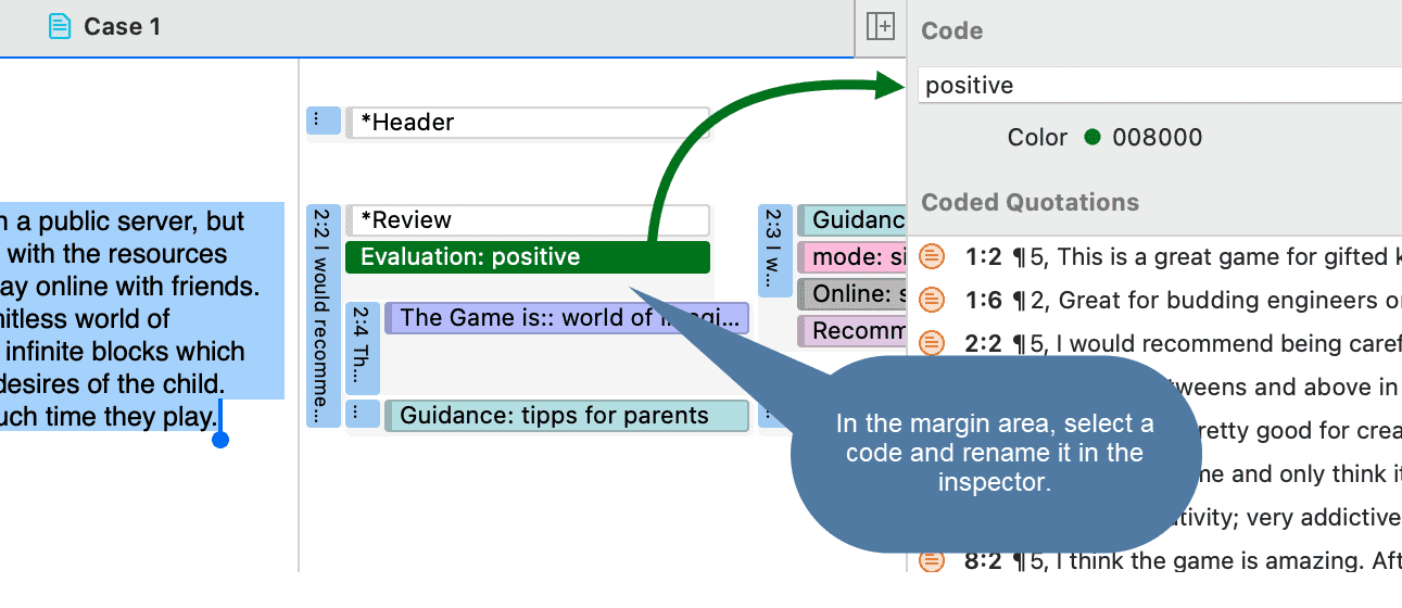 Rename a code in the margin area