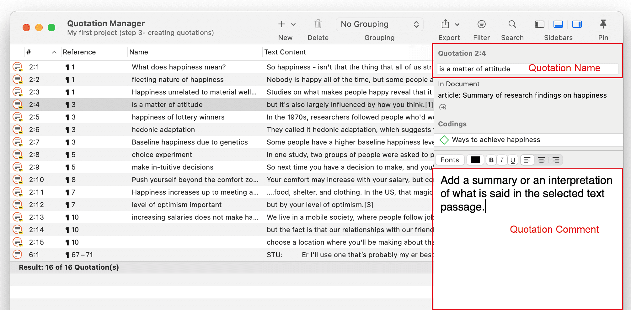 Adding quotation names and comments