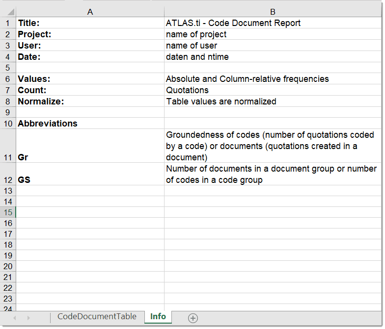 Info sheet for Excel Reports