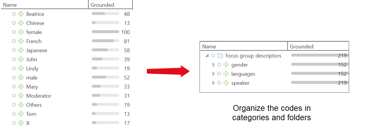 Organizing focus groups into the hierarchical code structure