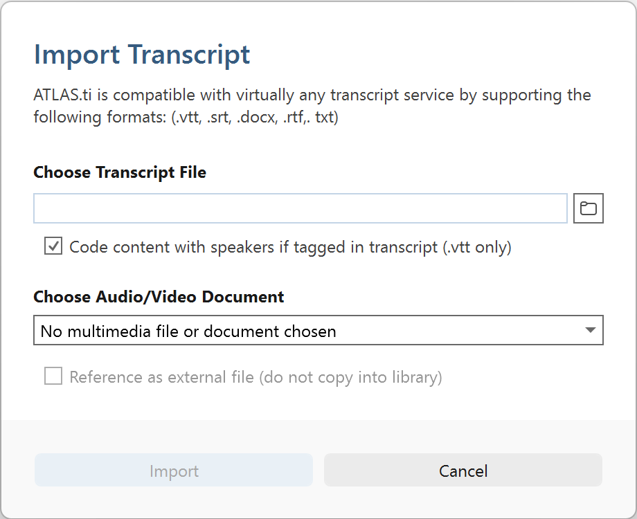Transcript import dialog