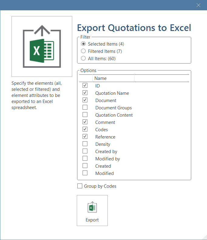 Select options for Excel report for multimedia quotations