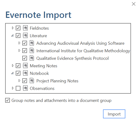 Select the folders or documents that you want to import from Evernote