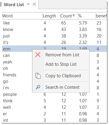 Word List context menu options