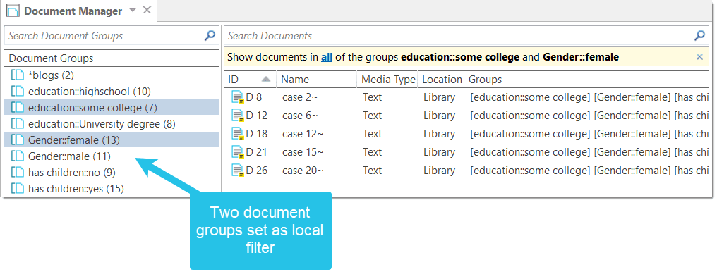 Two document groups as local filter