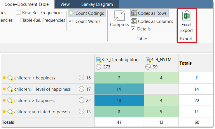 Excel export for tables