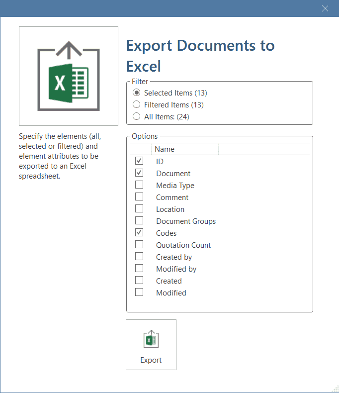 Select options for a report for documents with codes
