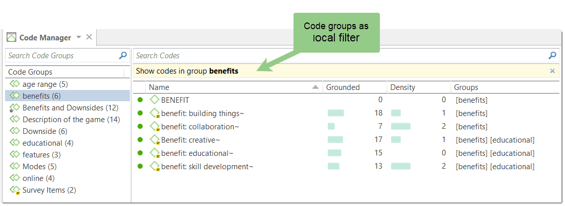 Kodegruppen als lokaler Filter