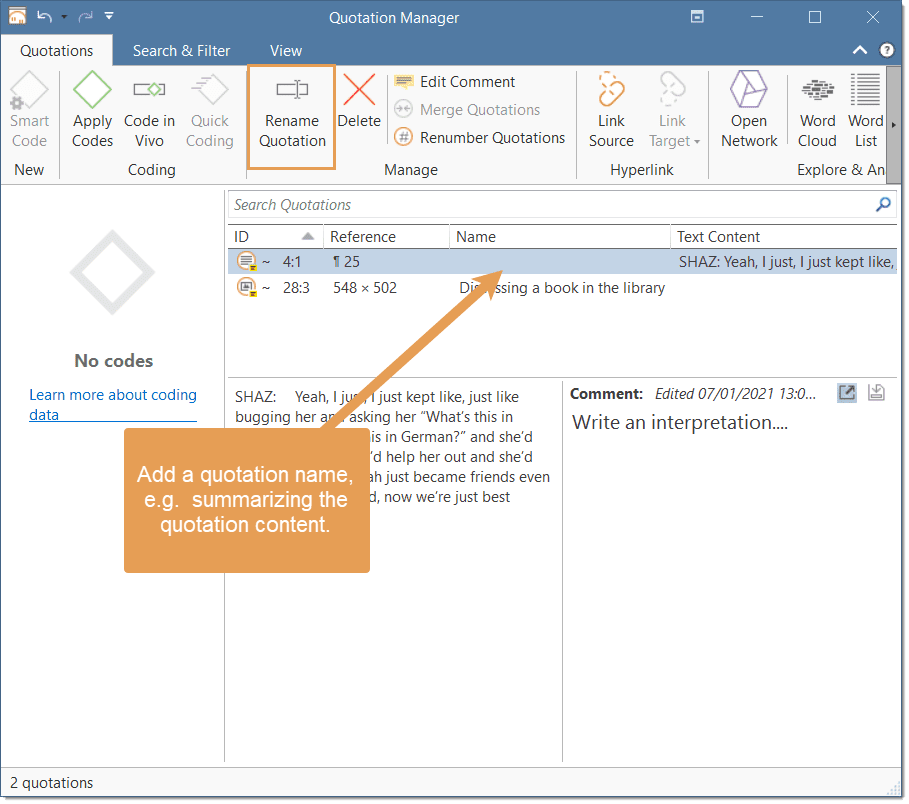 Adding a name to a text quotation in the Quotation Manager